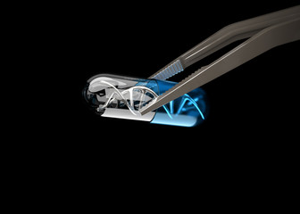 DNA inside capsule with tweezers, Science background. 3D illustration