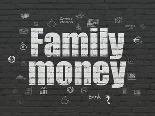 Banking concept: Painted white text Family Money on Black Brick wall background with  Hand Drawn Finance Icons