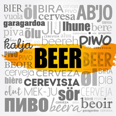 BEER in different languages of the world (english, french, german, etc) Word Cloud collage, multilingual background
