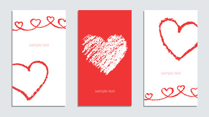 Hand drawn card with valentine`s day love heart and text set. Hand drawing crayon or pastel chalk line art. Red design elements, vector background.