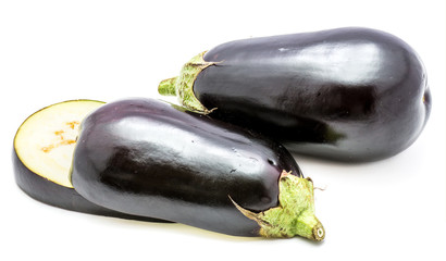 One whole eggplant (aubergine) and two slices isolated on white background