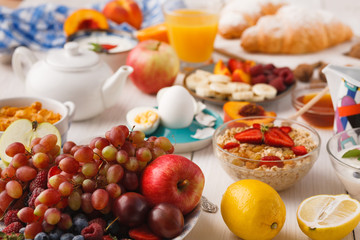 Fresh healthy breakfast with fruits closeup