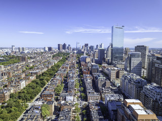 Boston, Massachusetts, USA city skyline aerial panorama view with urban buildings midtown 