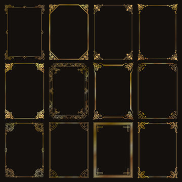 Decorative rectangle gold frames and borders set vector