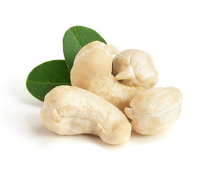 cashew nuts with leaf isolated on white background. macro