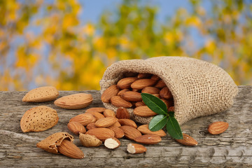 Almonds with leaf in bag from sacking on a wooden table with blurred garden background
