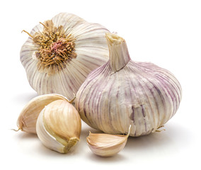 Garlic isolated on white background two bulbs and three cloves