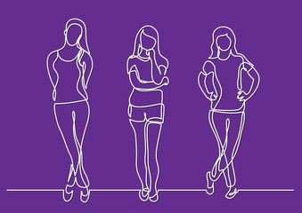 continuous line drawing of standing young women