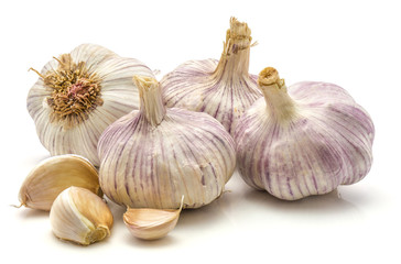 Garlic isolated on white background four whole bulbs and three cloves