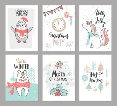 Christmas hand drawn cute cards with penguin, unicorn,bear, bird, trees and other elements. Vector illustration.