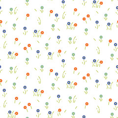 Small flowers line floral tender pattern seamless vector. Simple blue orange colored flowers with green stalks for print on fabric.