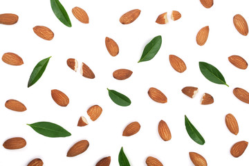 almonds with leaves isolated on white background. Flat lay pattern