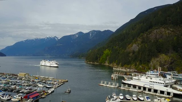  beautiful aerial view of ferry moving in ocean. Horseshoe Bay, Canada