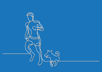 one line drawing of man running with dog