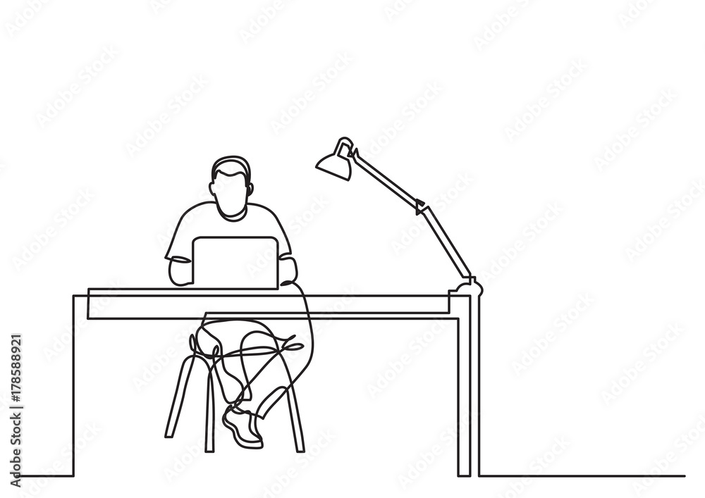 Wall mural one line drawing of man working with laptop computer behind desk