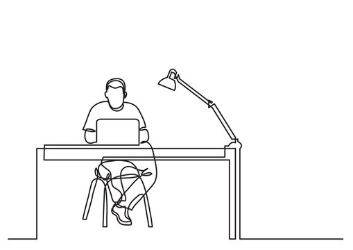 one line drawing of man working with laptop computer behind desk