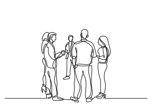 One Line Drawing Of Office Party With People Standing And Talking