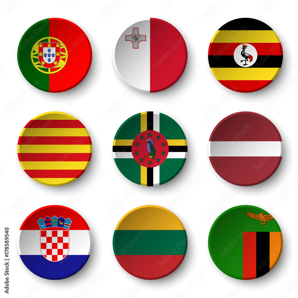 Wall mural set of world flags round badges ( portugal . malta . uganda . catalonia . dominica . latvia . croati