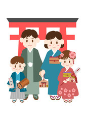 Obraz premium 初詣の家族のイラスト: 日本のお正月イメージ