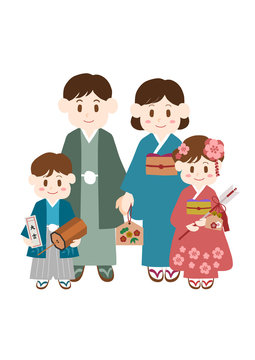 着物を着た家族のイラスト: 日本のお正月イメージ