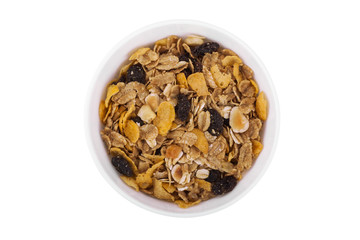 Bowl of breakfast cereal isolated on white background