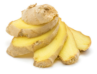 Sliced ginger isolated on white background