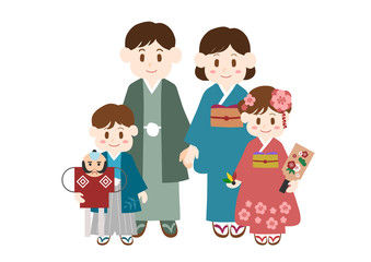着物姿の家族のイラスト: 日本のお正月 