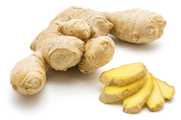 One whole and sliced ginger rhizome isolated on white background