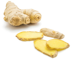 One whole and sliced ginger rhizome isolated on white background four pieces