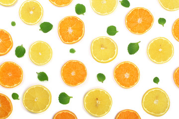 Slices of orange or tangerine and lemon with mint leaves isolated on white background. Flat lay, top view
