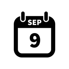 Simple black calendar icon with 9 september date isolated on white