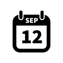 Simple black calendar icon with 12 september date isolated on white