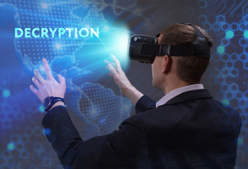 Business, Technology, Internet and network concept. Young businessman working in virtual reality glasses sees the inscription: Decryption
