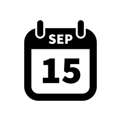 Simple black calendar icon with 15 september date isolated on white