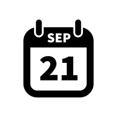 Simple black calendar icon with 21 september date isolated on white