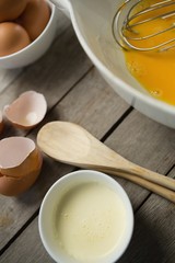 Close up of liquid and egg yolk in bowl