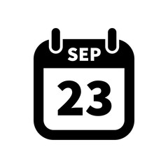 Simple black calendar icon with 23 september date isolated on white