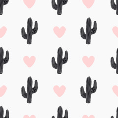 Ręcznie rysowane wzór z kaktusa i serca w kolorze czarnym i pastelowym różowym na białym tle. - 178592129