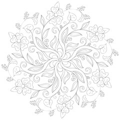 circular floral monochrome pattern for coloring book. Vector illustration