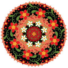colorful round pattern with bright flowers in traditional Russian style