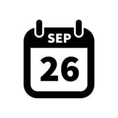 Simple black calendar icon with 26 september date isolated on white