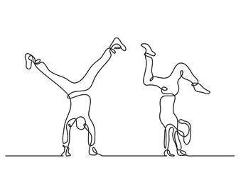 one line drawing of couple doing handstand