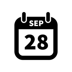 Simple black calendar icon with 28 september date isolated on white