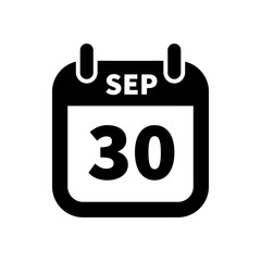 Simple black calendar icon with 30 september date isolated on white