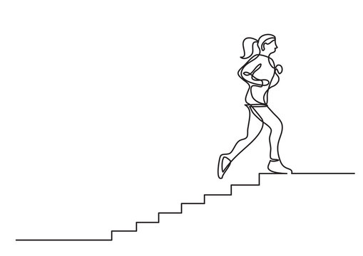 one line drawing of woman running on stairs