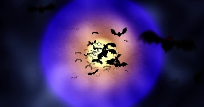 Halloween theme motion graphics background with a herd of bats flying into the camera with the mysterious moon on dark sky background. 