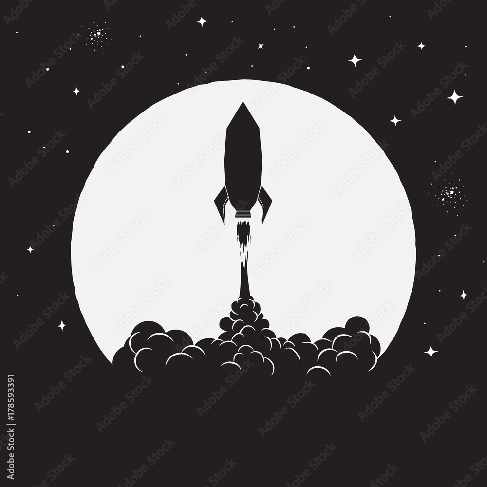 Poster takeoff of rocket on moon background to space.vector illustration