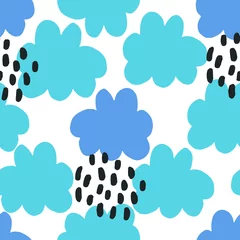 Plexiglas foto achterwand Hand drawn seamless pattern with clouds and rain drops in blue and black on white background. © xuliadore