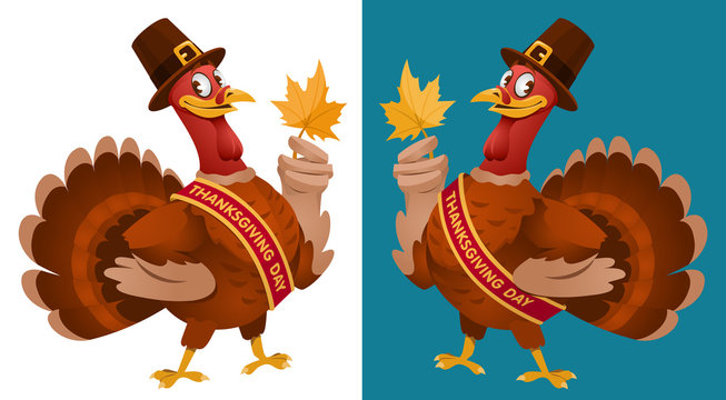 Thanksgiving Day. Funny cartoon turkey in a pilgrim hat keeps the autumn leaf. Vector illustration. On dark background and isolated on white. Elements is grouped. No transparent objects.