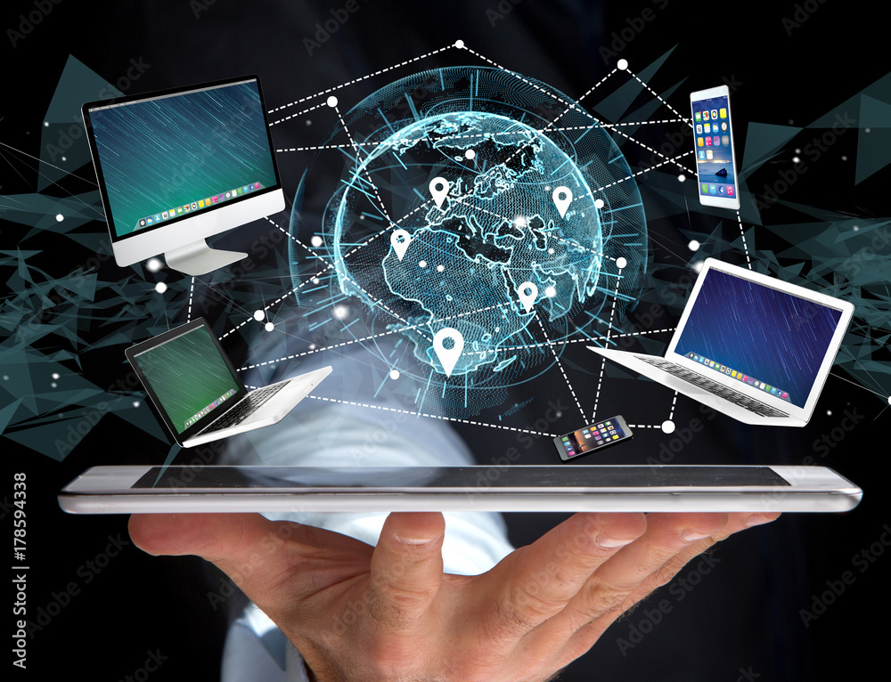 Poster computer and devices displayed on a futuristic interface with interantional network - multimedia and